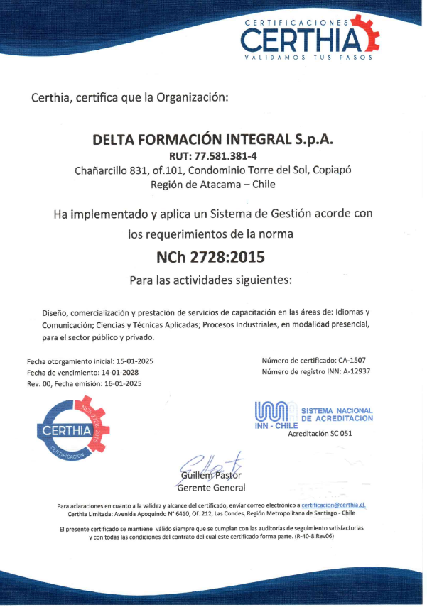 Certificación Delta Formación Integral- NCh 2728